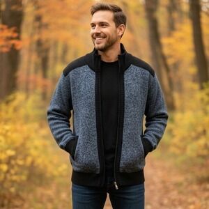 Yeokou Cardigan Sweater Mens Sz M Full Zip Blue Black Plaid Cashmere Wool Blend